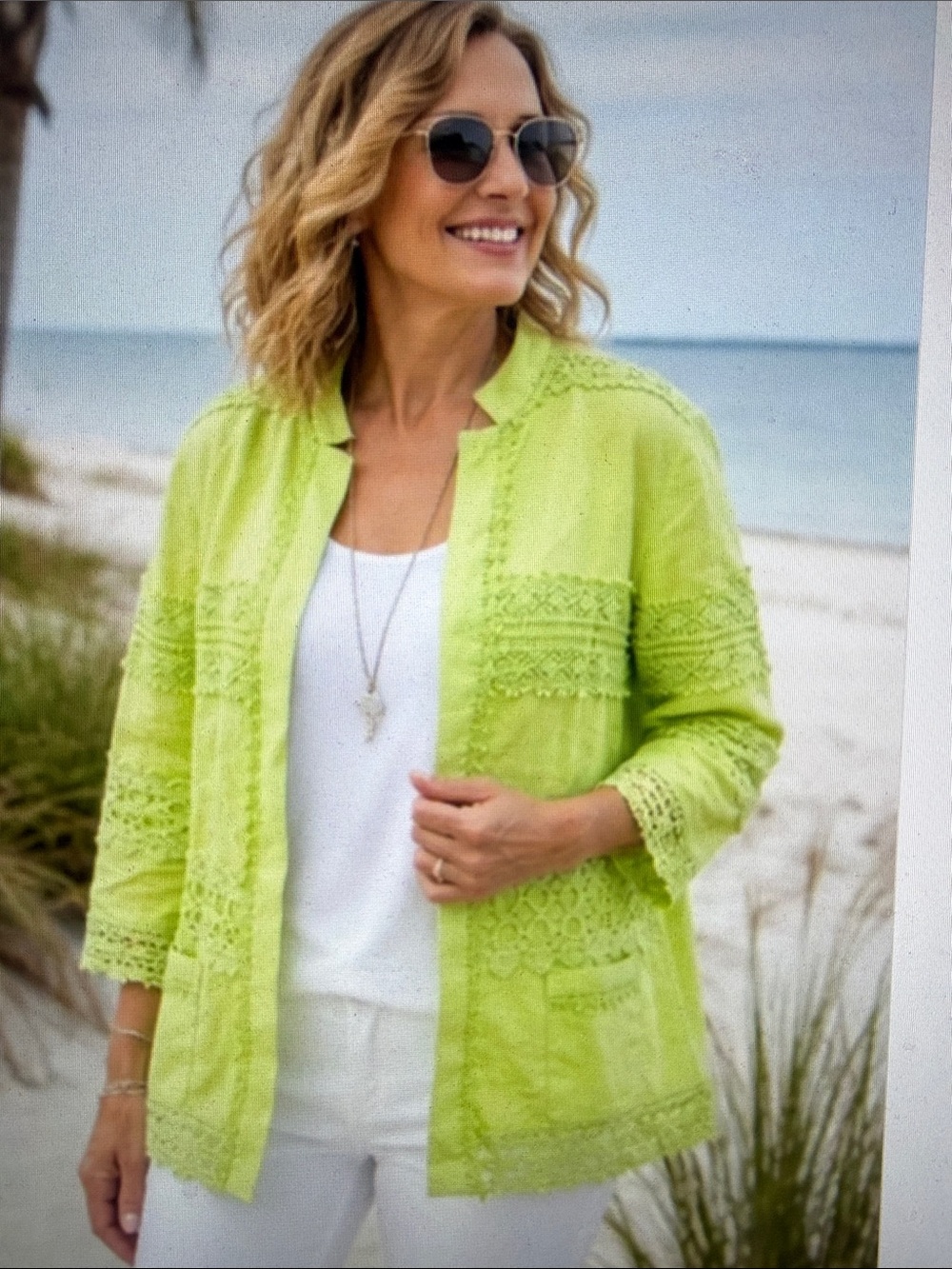 Chico's LINEN Light Lime Crochet-Trim Open Jacket Topper L/12 Luxury Coquette